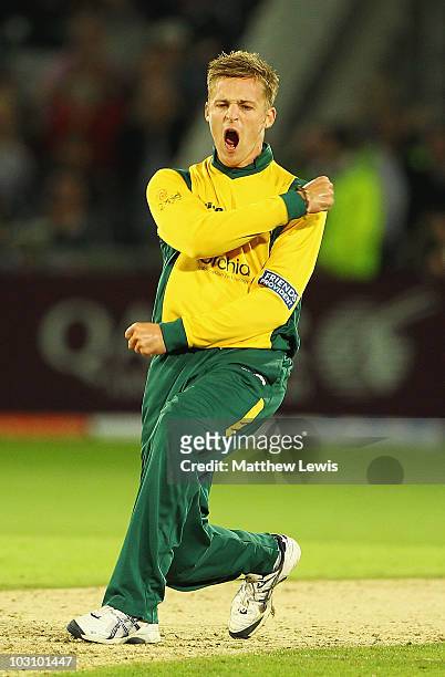 Graeme White of Nottinghamshire celebrates bowling Ed Joyce of Sussex for LBW during the Friends Provident T20 Quarter Final match between...