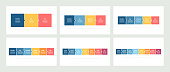 Business infographics. Timelines with 3, 4, 5, 6, 7, 8 steps, options, squares. Vector templates.