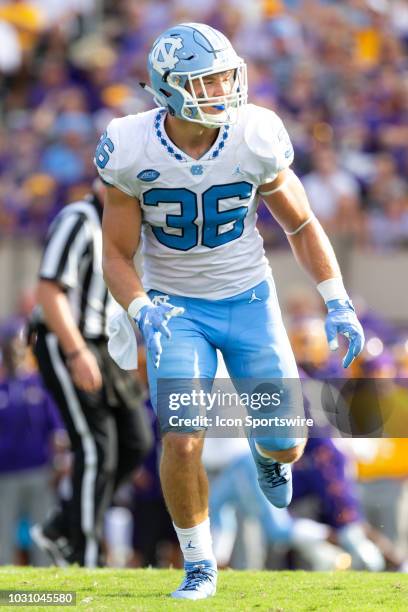 North Carolina Tar Heels linebacker Cole Holcomb looks to make a play during a game between the North Carolina Tar Heels and the East Carolina...