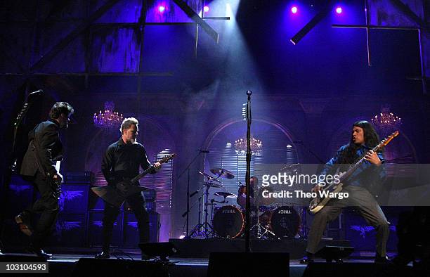 Jason Newsted, James Hetfield, Lars Ulrich and Robert Trujillo of Metallica perform onstage at the 24th Annual Rock and Roll Hall of Fame Induction...