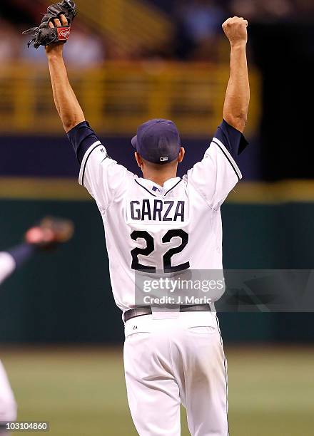 Pitcher Matt Garza of the Tampa Bay Rays celebrates his no hitter against the Detroit Tigers during the game at Tropicana Field on July 26, 2010 in...