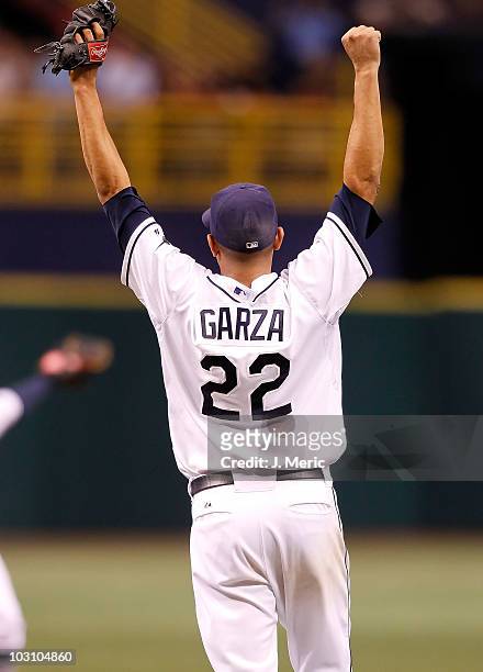 Pitcher Matt Garza of the Tampa Bay Rays celebrates his no hitter against the Detroit Tigers during the game at Tropicana Field on July 26, 2010 in...