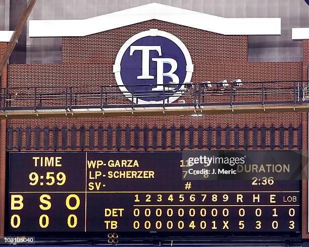 The scoreboard after the game between the Tampa Bay Rays of the Detroit Tigers where Matt Garza threw a no hitter at Tropicana Field on July 26, 2010...