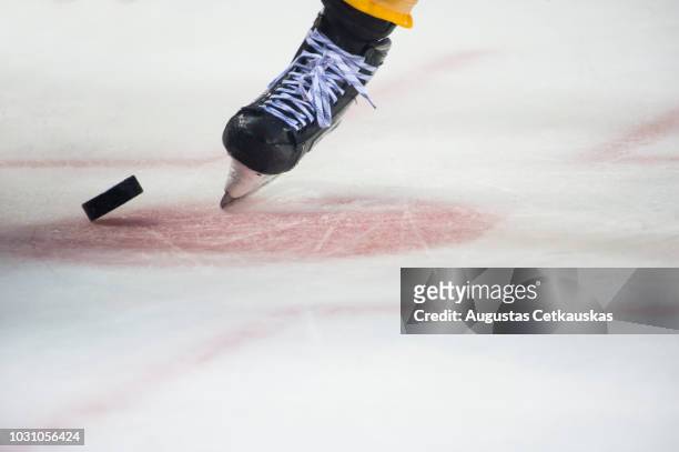 low section of person playing ice hokey in rink - ice hockey stock-fotos und bilder