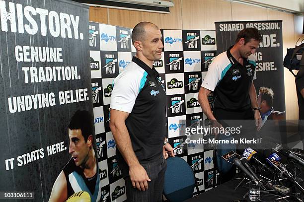 Warren Tredrea of the Port Adelaide Power finishes a press conference after talking to the media as he announces his AFL retirement at the Port...