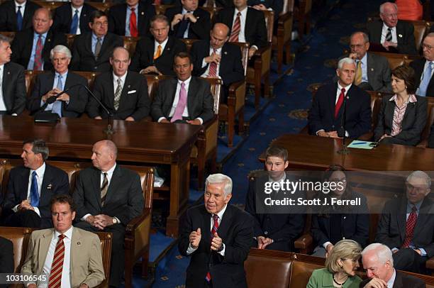 Sen. Richard G. Lugar applauds as Mexican President Felipe Calderon calls for restoring the U.S. Assault weapons ban during an address to a joint...