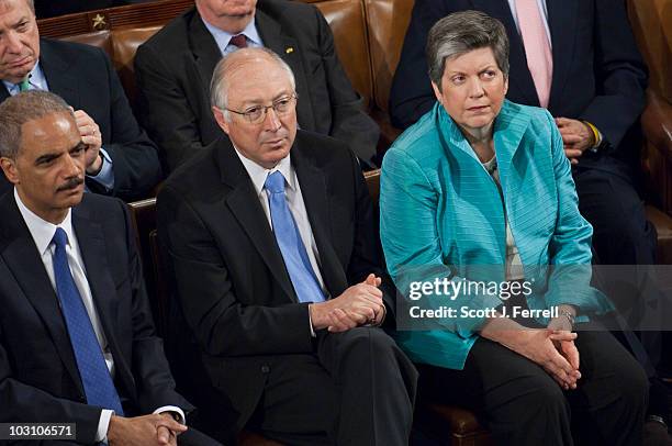 Attorney General Eric H. Holder Jr., Interior Secretary Ken Salazar and Homeland Security Secretary Janet Napolitano listen as Mexican President...