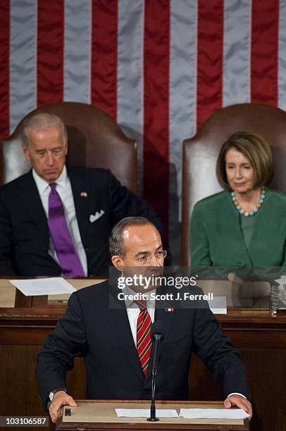 Mexican President Felipe Calderon addresses a joint session of the U.S. Congress May 20, 2010 in Washington, DC. Looking on are Vice President Joseph...