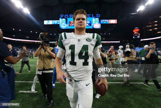 Sam Darnold of the New York Jets exits the field after the game against the Detroit Lions at Ford Field. The Jets won 48 to 17 on September 10, 2018...