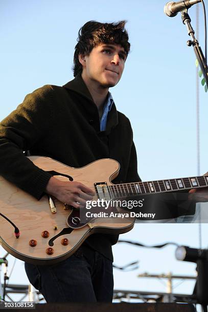 Lead vocals and guitarist Ezra Koenig of Vampire Weekend performs at the Treasure Island Music Festival on Treasure Island on September 21, 2008 in...