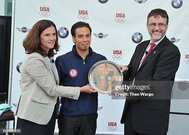 Lisa Baird, Opolo Anton Ohno and Jack Pitney attend the announcement of a new multi-year partnership between BMW Group & the United States Olympic...