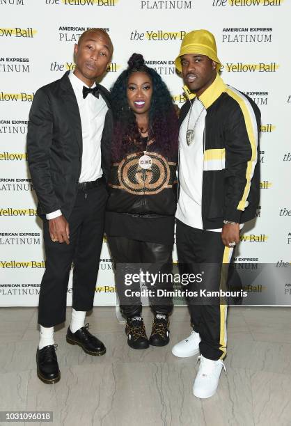 Pharrell Williams, Missy Elliott and A$AP Ferg pose on the Yellow Carpet at the Yellow Ball, hosted by American Express and Pharrell Williams, at the...