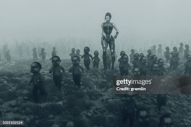 queen zombie cyborg with walking dead zombie children - vingança imagens e fotografias de stock