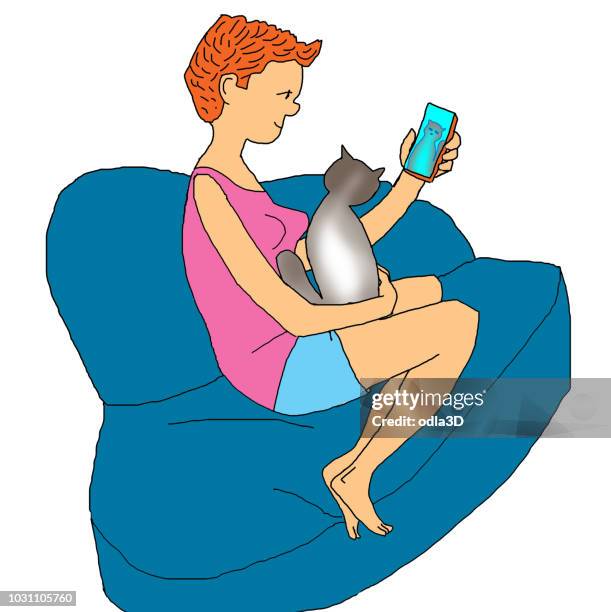 a young woman with cat remembering - roommate stock illustrations