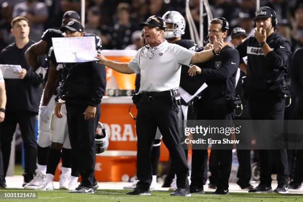 Head coach Jon Gruden of the Oakland Raiders reacts to a play against the Los Angeles Rams during their NFL game at Oakland-Alameda County Coliseum...