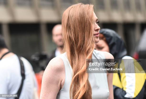Larsen Thompson is seen wearing a blue dress outside the 3.1 Phillip Lim show during New York Fashion Week: Women's S/S 2019 on September 10, 2018 in...