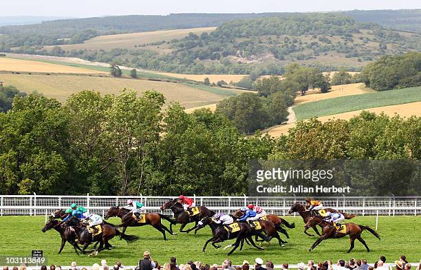 Runners in The Betfair Cup Race head for the line in the contest run on the 1st day of Glorious Goodwood at Goodwood Racecourse on July 27, 2010 in...