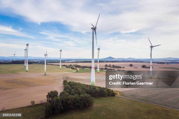 Aerial view to wind turbines on September 10, 2018 in Kodersdorf, Germany.