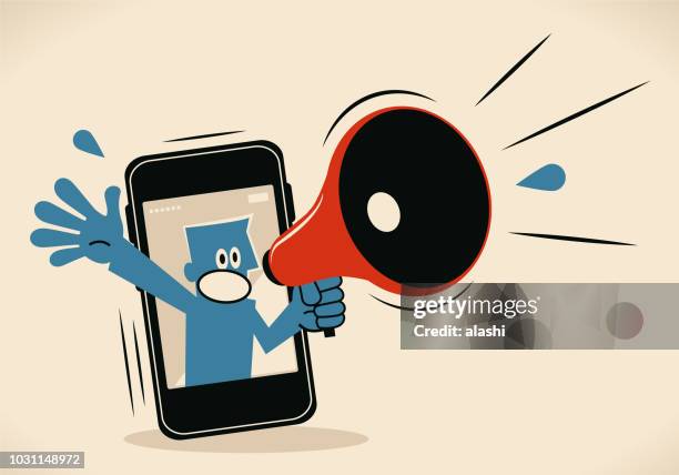 blue man from smart phone shouting with megaphone - shouting phone stock illustrations