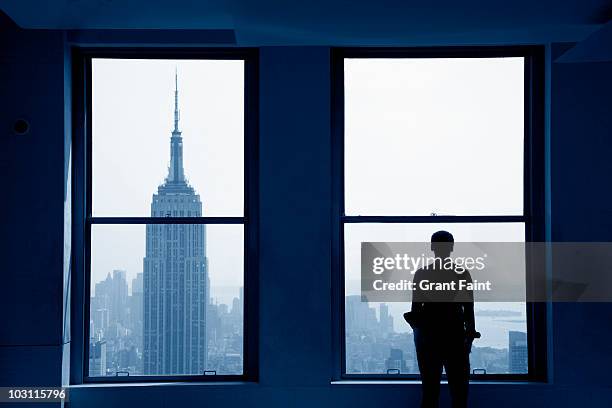 young man looking out at manhattan skyline - international landmark stock pictures, royalty-free photos & images