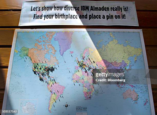 Map shows the various birthplaces of employees at the International Business Machines Corp. Almaden research facility in San Jose, California, U.S.,...