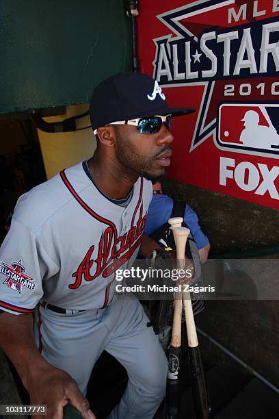 National League All-Star Jason Heyward of the Atanta Braves stepping into the dugout prior to the 81st MLB All-Star Game at Angel Stadium of Anaheim...