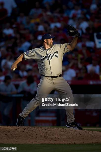 National League All-Star Heath Bell of the San Diego Padres pitches during the 81st MLB All-Star Game at Angel Stadium of Anaheim on July 13, 2010 in...