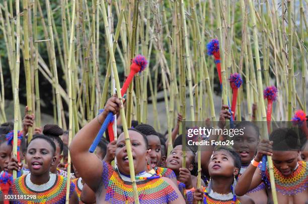 Maidens during the annual Umkhosi Womhlanga at Enyokeni Royal Palace on September 08, 2018 in KwaNongoma, South Africa. The reed dance, known as...