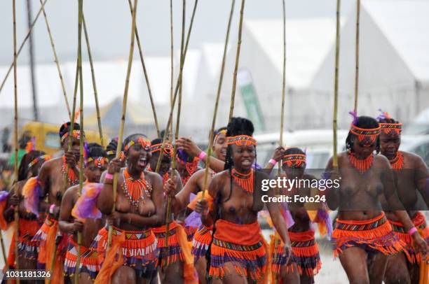 Maidens during the annual Umkhosi Womhlanga at Enyokeni Royal Palace on September 08, 2018 in KwaNongoma, South Africa. The reed dance, known as...