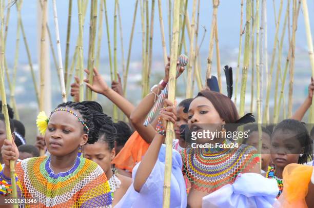 Maidens during the annual Umkhosi Womhlanga at Enyokeni Royal Palace on September 08, 2018 in KwaNongoma, South Africa. The reed dance, known as...
