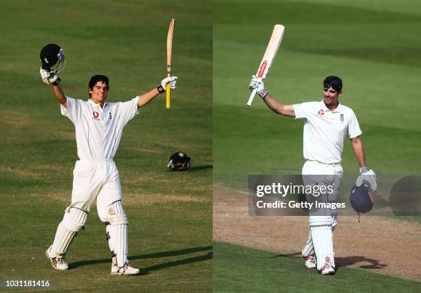 In this composite image a comparison has been made between Alastair Cook of England celebrates his maiden test century and his last test century....