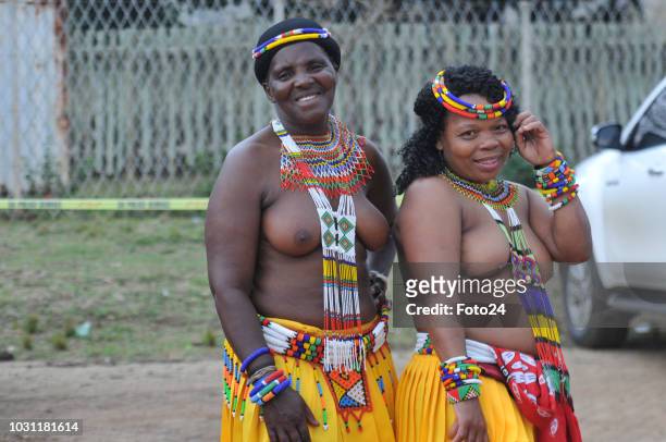 Maidens Ngipheni Ngcobo and Ngenzile Mngadi during the annual Umkhosi Womhlanga at Enyokeni Royal Palace on September 08, 2018 in KwaNongoma, South...