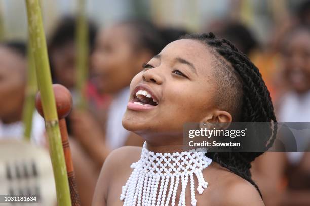 Ntombi Nhlapho during the annual Umkhosi Womhlanga at Enyokeni Royal Palace on September 08, 2018 in KwaNongoma, South Africa. The reed dance, known...