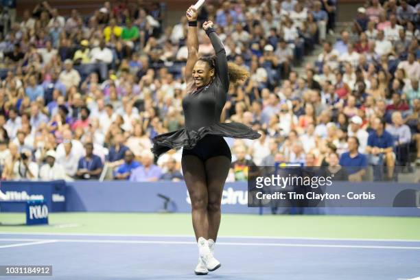 Open Tennis Tournament- Day Nine. Serena Williams of the United States celebrates her victory with a twirl during her match against Karolina Pliskova...
