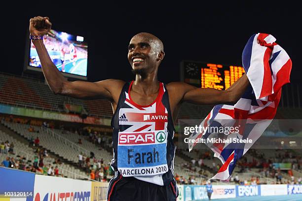 Mo Farah of Great Britain wins the gold medal in the Mens 10000m Final during day one of the 20th European Athletics Championships at the Olympic...