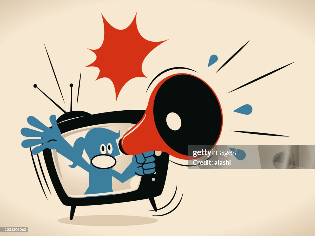 Blue woman from TV screen shouting with megaphone