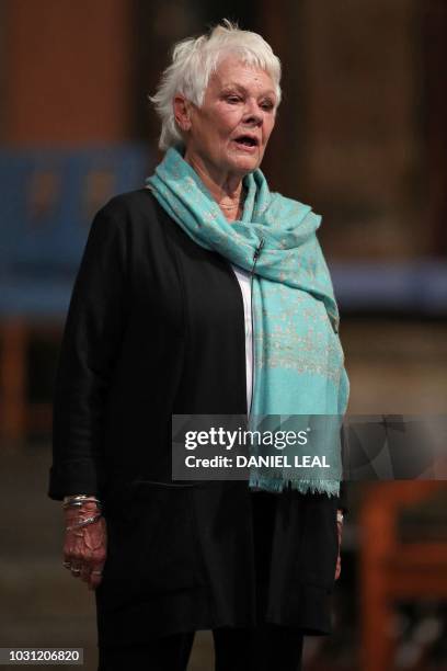 British actress Judi Dench performs from Shakespeare's Antony and Cleopatra during a service of thanksgiving for the late English theatre, opera and...