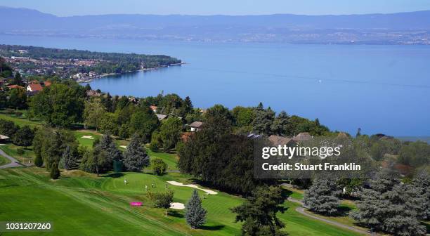 General view of the sixth hole during practice prior to the start of The Evian Championship 2018 at Evian Resort Golf Club on September 11, 2018 in...
