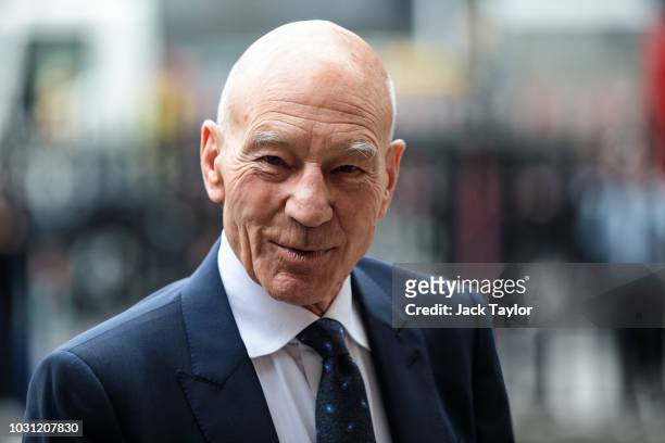 British actor Sir Patrick Stewart arrives at Westminster Abbey for a memorial service for theatre great Sir Peter Hall OBE on September 11, 2018 in...