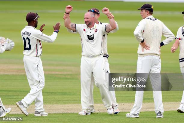 Darren Stevens of Kent celebrates the wicket of Sam Robson of Middlesex during the Specsavers County Championship Division Two match between...