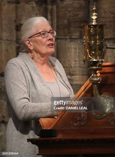 English actress Vaness Redgrave speaks during a service of thanksgiving for the late English theatre, opera and film director, Peter Hall, at...