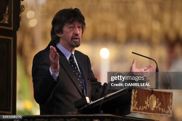 English director Trevor Nunn speaks during a service of thanksgiving for the late English theatre, opera and film director, Peter Hall, at...