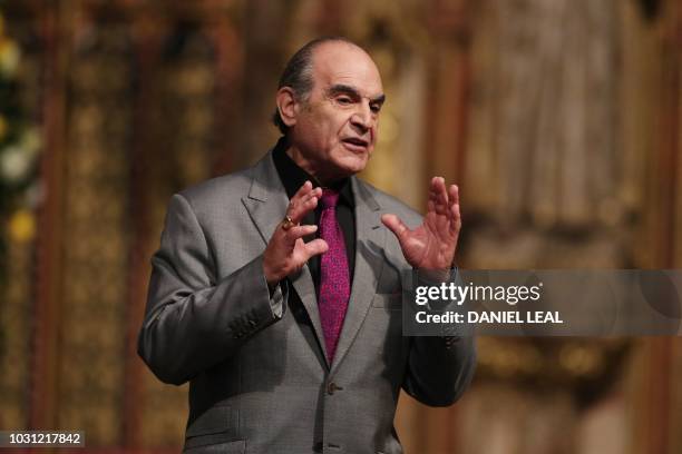 English actor David Suchet recites from Amadeus during a service of thanksgiving for the late English theatre, opera and film director, Peter Hall,...