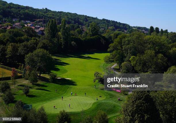 General view of the 13th hole during practice prior to the start of The Evian Championship 2018 at Evian Resort Golf Club on September 11, 2018 in...