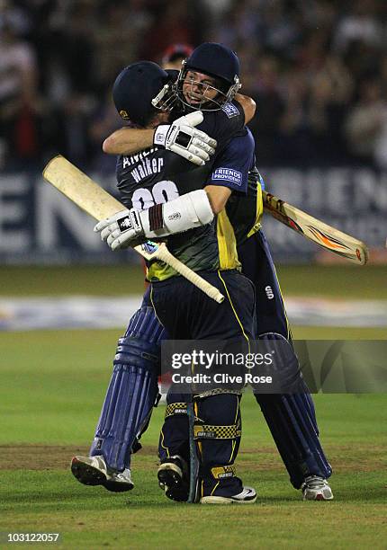 Matt Walker and James Foster of Essex celebrate the winning runs during the Friends Provident T20 match between Essex and Lancashire on July 27, 2010...