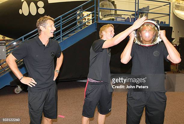 Edwin van der Sar, Ben Amos and Tomasz Kuszczak of Manchester United visit NASA Space Center as part of their pre-season tour of the US, Canada and...