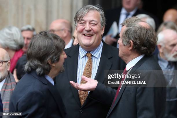 Actor Stephen Fry leaves from Westminster Abbey in central London on September 11 after attending a service of thanksgiving for the late English...
