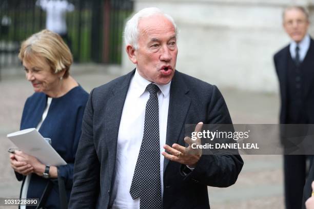 Actor Simon Callow leaves from Westminster Abbey in central London on September 11 after attending a service of thanksgiving for the late English...