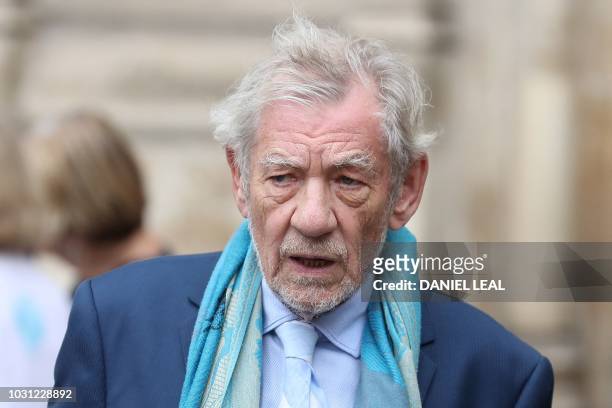 Actor Ian McKellen leaves from Westminster Abbey in central London on September 11 after attending a service of thanksgiving for the late English...