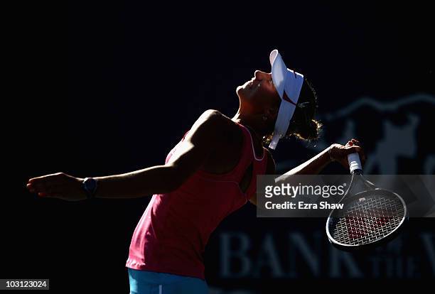 Yanina Wickmayer of Belarus serves to Yung-Jan Chan of Chinese Taipei during Day 2 of the Bank of the West Classic at Stanford University on July 27,...